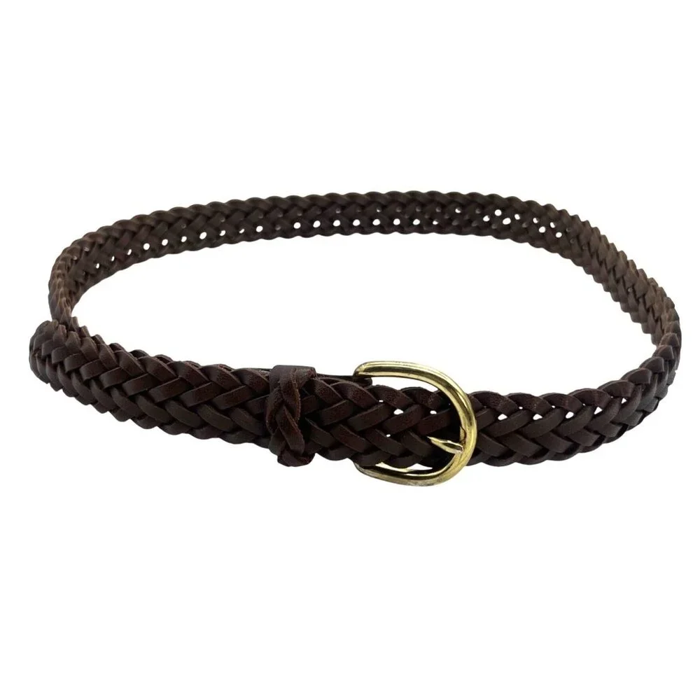 Vtg Braided Brown Leather Belt Gold Buckle Adjustable Women Sz M/L 37